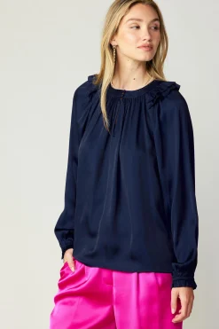 Current Air Ruffled Crewneck Blouse NAVY Outlet