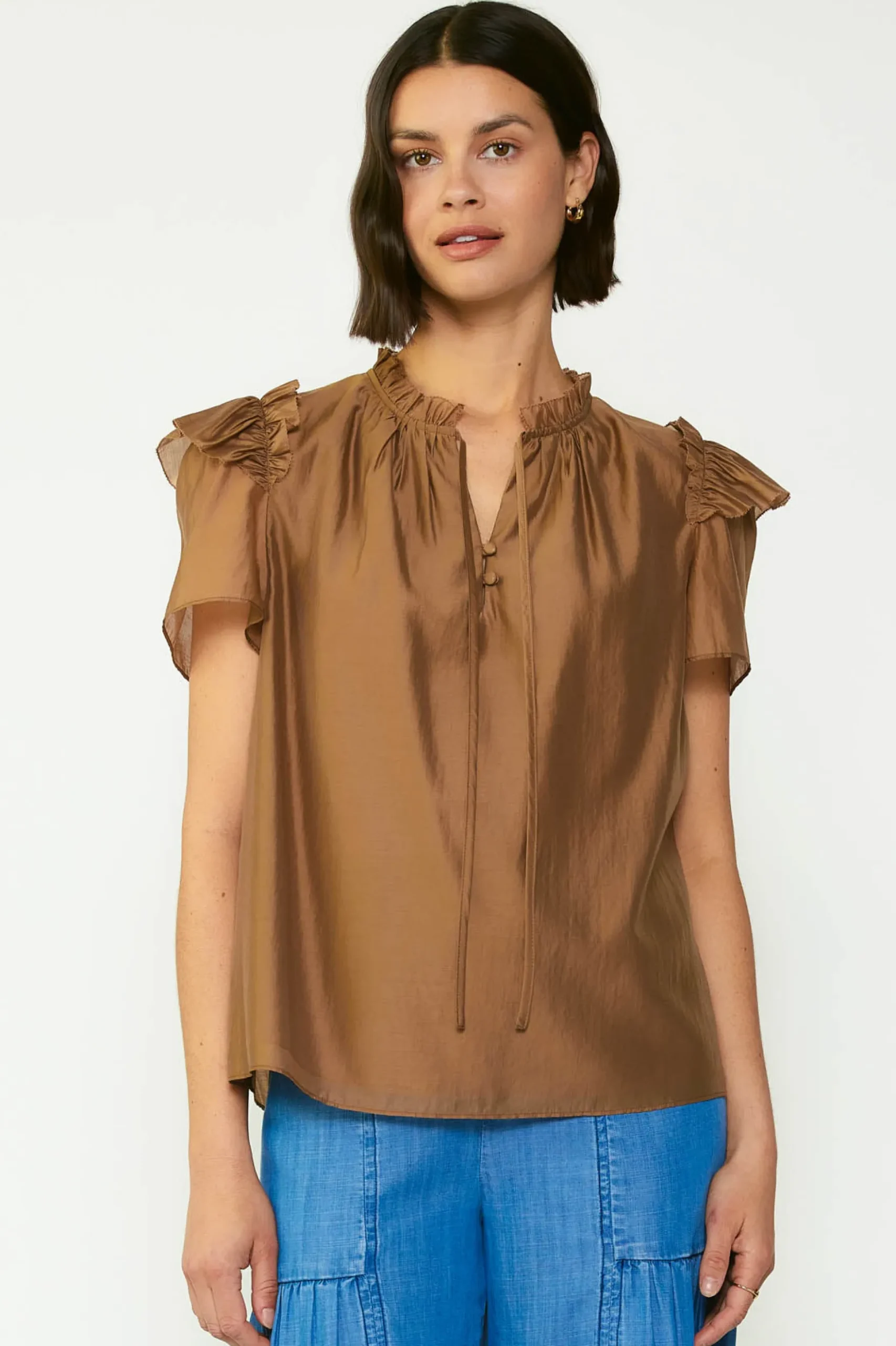 Current Air Ruffled Shoulder Blouse BROWN Discount