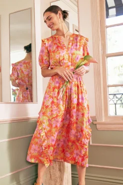 Current Air Ruffled Shoulder Floral Midi Dress ORANGEPINK Online