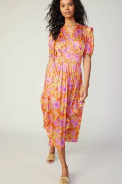 Current Air Ruffled Shoulder Floral Midi Dress ORANGEPINK Online