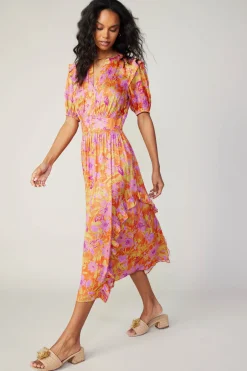 Current Air Ruffled Shoulder Floral Midi Dress ORANGEPINK Online