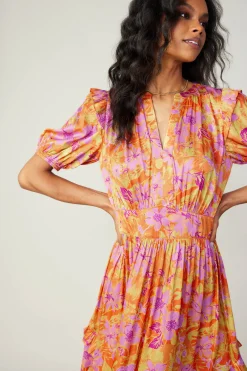 Current Air Ruffled Shoulder Floral Midi Dress ORANGEPINK Online