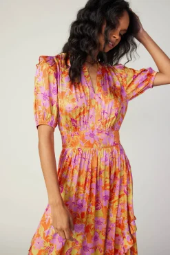Current Air Ruffled Shoulder Floral Midi Dress ORANGEPINK Online