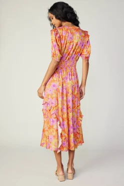 Current Air Ruffled Shoulder Floral Midi Dress ORANGEPINK Online