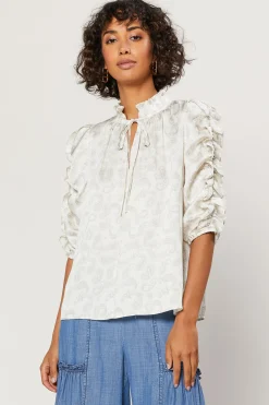 Current Air Ruffled Sleeve Jacquard Top IVORY Fashion