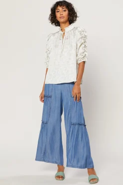 Current Air Ruffled Sleeve Jacquard Top IVORY Fashion