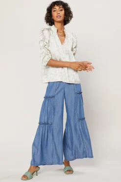 Current Air Ruffled Sleeve Jacquard Top IVORY Fashion