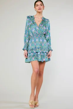 Current Air Ruffled Surplice Floral Mini Dress GREEN Outlet