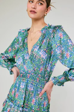 Current Air Ruffled Surplice Floral Mini Dress GREEN Outlet