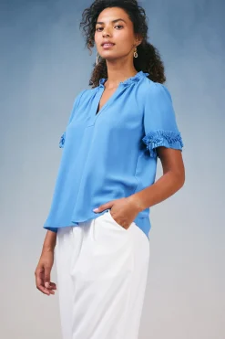Current Air Ruffled Trim Blouse FADEDBLUE Clearance