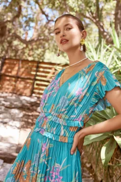 Current Air Sereia Botanical Motif Midi Dress TEAL Outlet