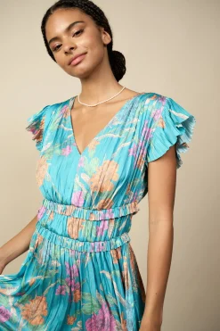 Current Air Sereia Botanical Motif Midi Dress TEAL Outlet