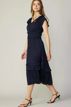 Current Air Sereia Pleated Midi Dress DARKNAVY Best