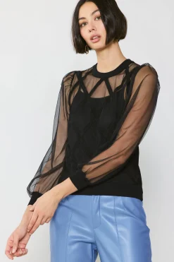 Current Air Sheer Crosshatch Cami-lined Top BLACK New