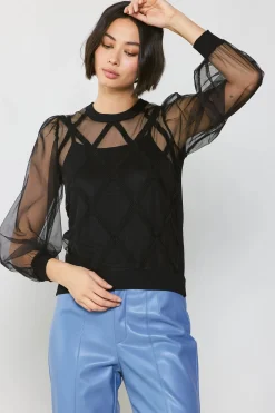 Current Air Sheer Crosshatch Cami-lined Top BLACK New
