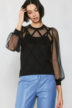 Current Air Sheer Crosshatch Cami-lined Top BLACK New
