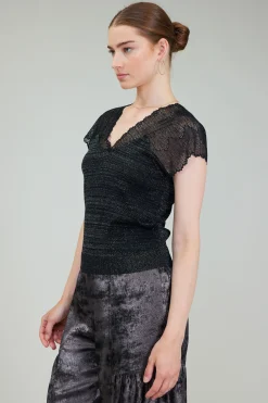 Current Air Shimmer Lace Top BLACKSILVER Hot