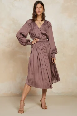Current Air Smocked Cuff Midi Dress MAUVEBROWN Fashion
