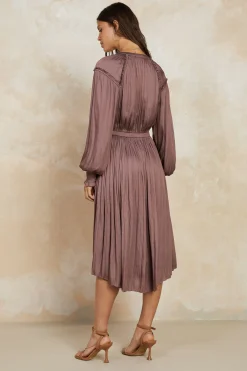 Current Air Smocked Cuff Midi Dress MAUVEBROWN Fashion