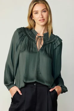 Current Air Smocked Shoulder Blouse FORESTGREEN Clearance