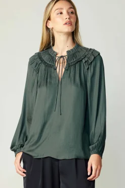 Current Air Smocked Shoulder Blouse FORESTGREEN Clearance