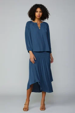 Current Air Smocked Shoulder Button Blouse FRENCHNAVY Clearance