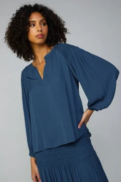 Current Air Smocked Shoulder Button Blouse FRENCHNAVY Clearance