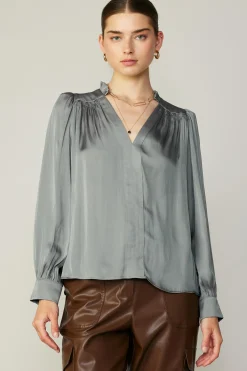 Current Air Smocked Shoulder Cuffed Blouse MOSSGREY Online