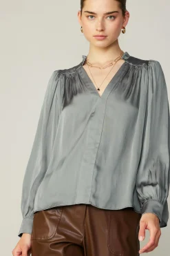 Current Air Smocked Shoulder Cuffed Blouse MOSSGREY Online