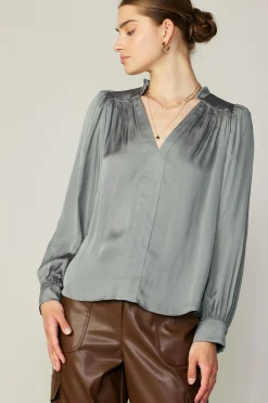 Current Air Smocked Shoulder Cuffed Blouse MOSSGREY Online