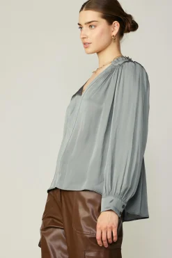 Current Air Smocked Shoulder Cuffed Blouse MOSSGREY Online