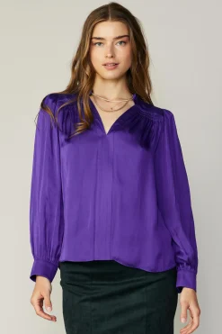 Current Air Smocked Shoulder Cuffed Blouse SPACEPURPLE Outlet