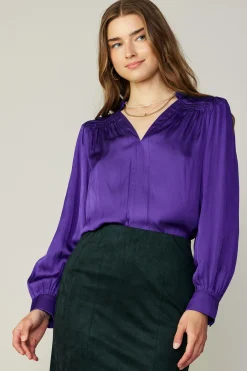Current Air Smocked Shoulder Cuffed Blouse SPACEPURPLE Outlet
