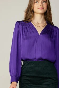 Current Air Smocked Shoulder Cuffed Blouse SPACEPURPLE Outlet