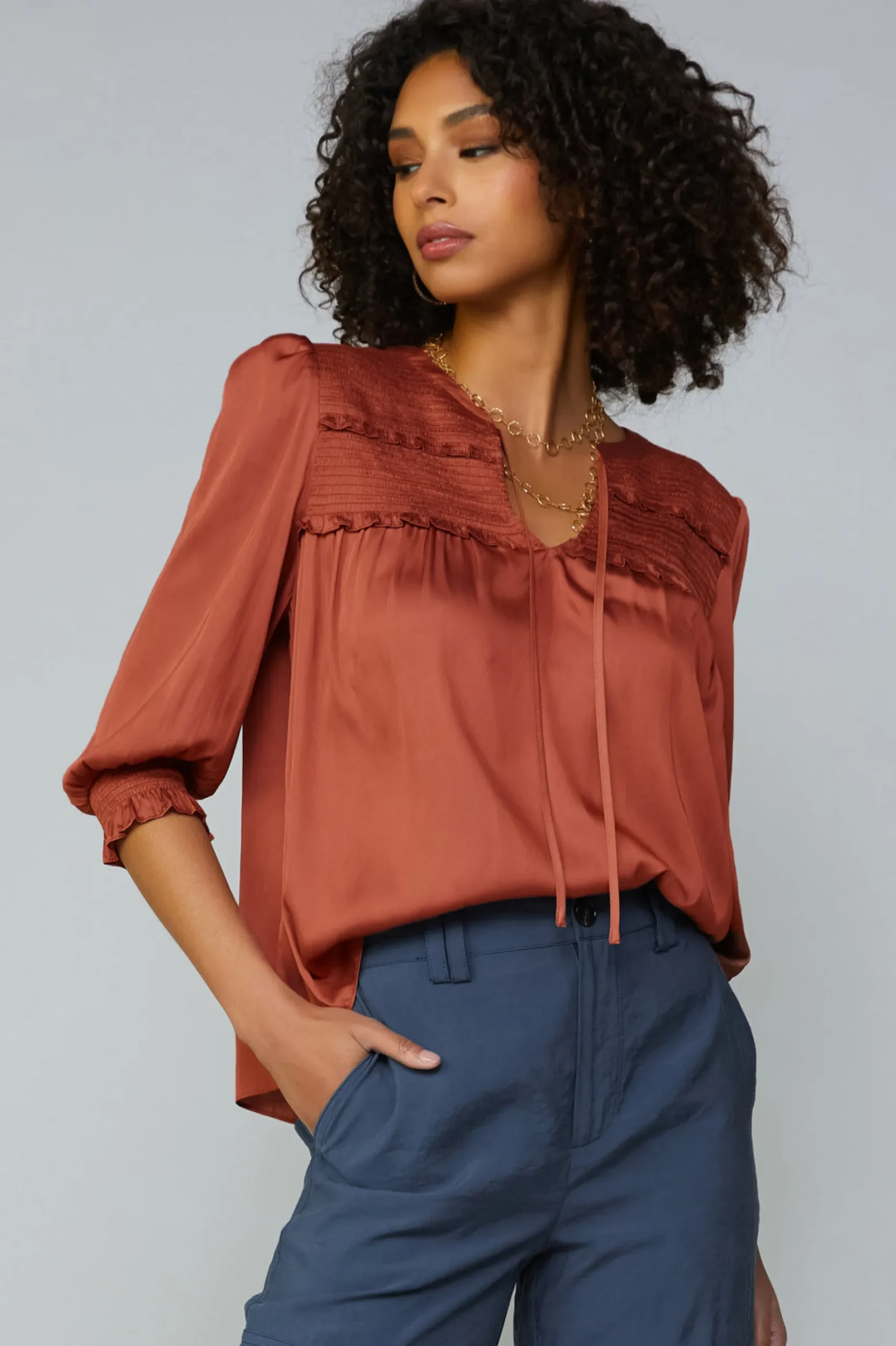 Current Air Smocked Split Neck Blouse ROSEWOOD Discount