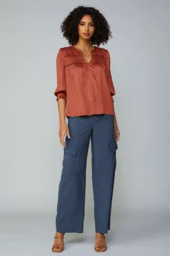 Current Air Smocked Split Neck Blouse ROSEWOOD Discount