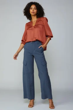 Current Air Smocked Split Neck Blouse ROSEWOOD Discount