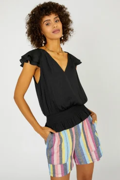 Current Air Smocked Waist Cap Sleeve Top BLACK Hot