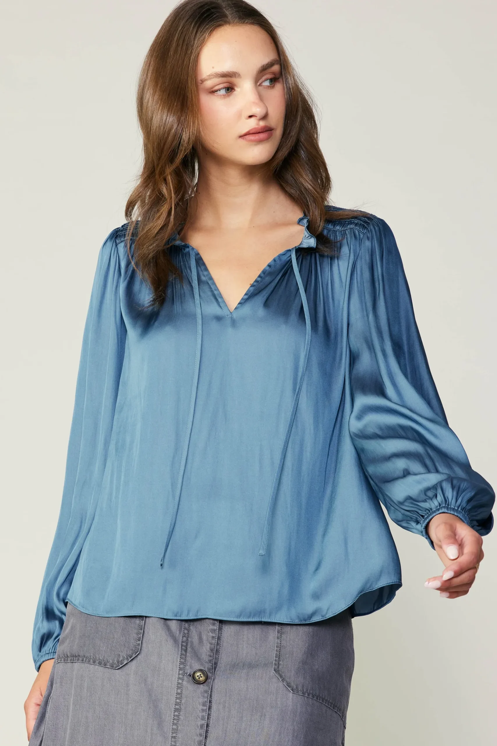 Current Air Smocked Yoke Blouse AEGEANBLUE Discount