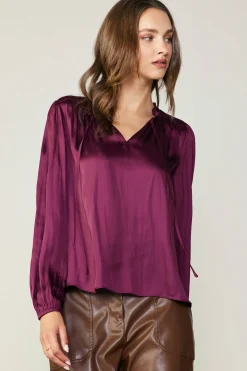Current Air Smocked Yoke Blouse WINE Hot