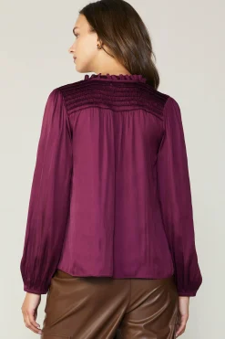 Current Air Smocked Yoke Blouse WINE Hot