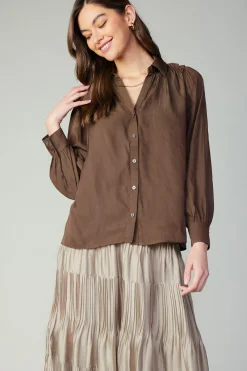 Current Air Split Neck Buttoned Shirt COCOA Outlet