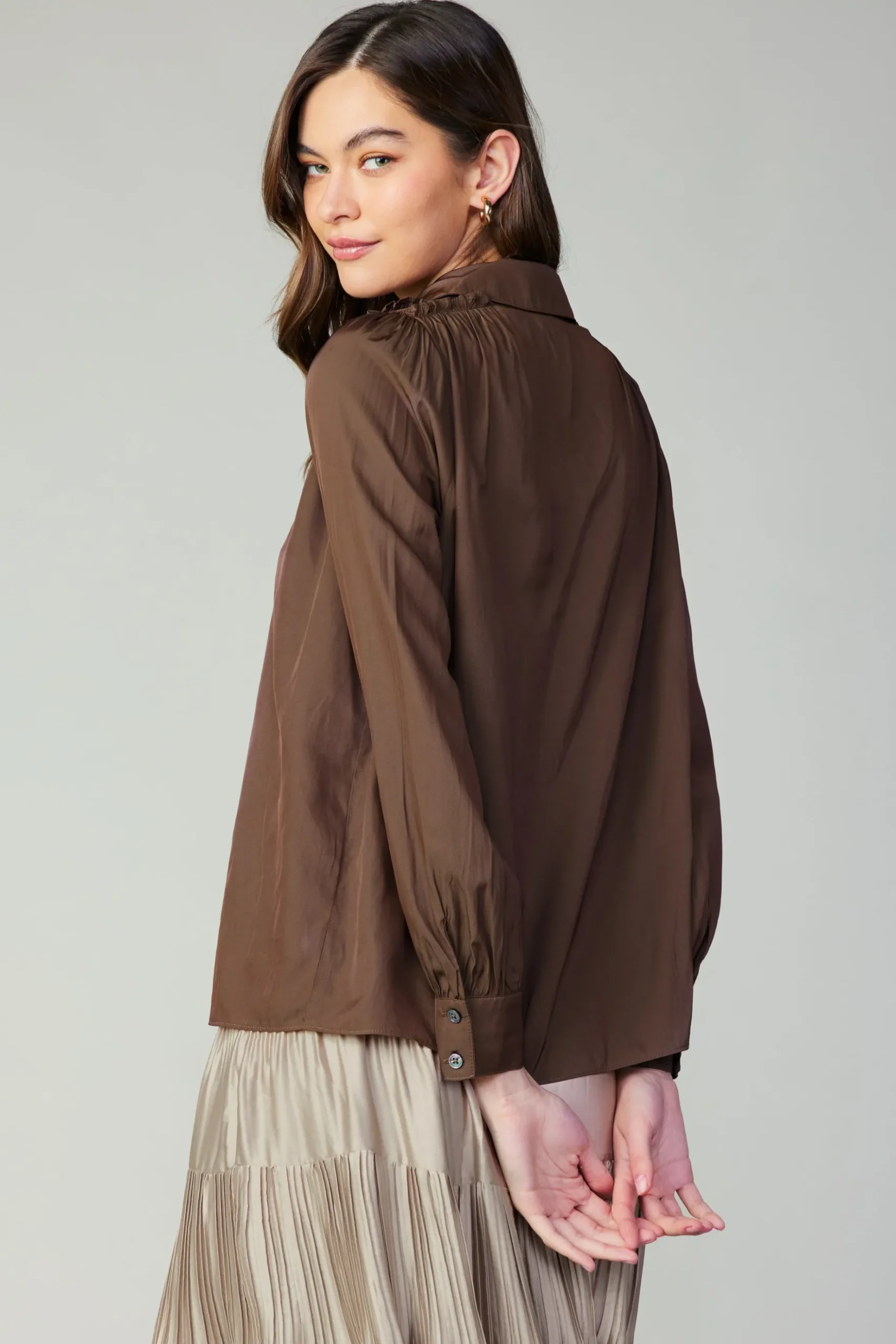 Current Air Split Neck Buttoned Shirt COCOA Outlet
