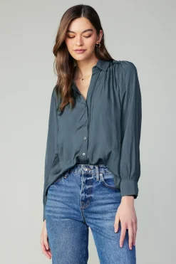 Current Air Split Neck Buttoned Shirt FORESTGREEN Best