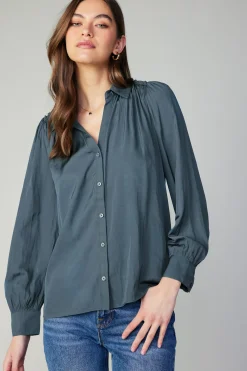Current Air Split Neck Buttoned Shirt FORESTGREEN Best