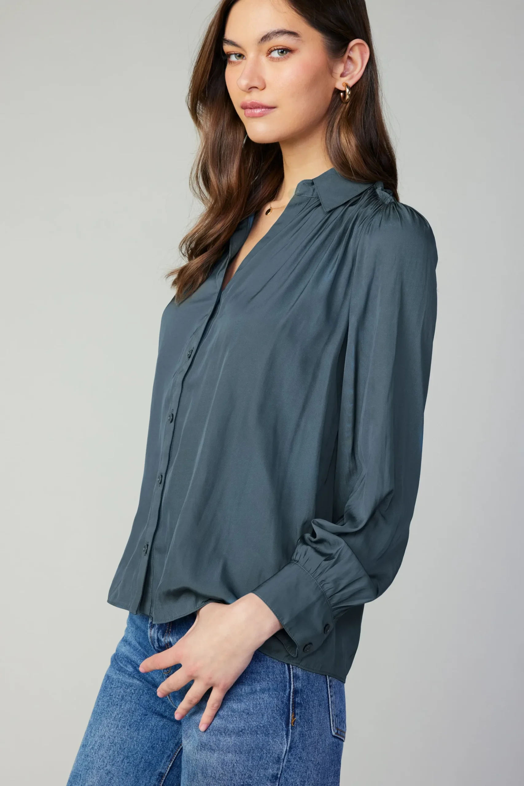 Current Air Split Neck Buttoned Shirt FORESTGREEN Best