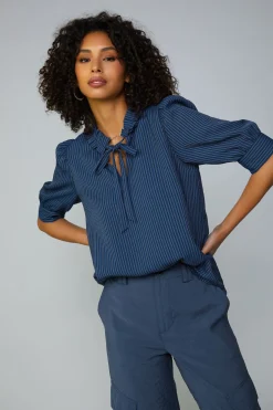 Current Air Striped Structured Sleeve Blouse NAVY Outlet