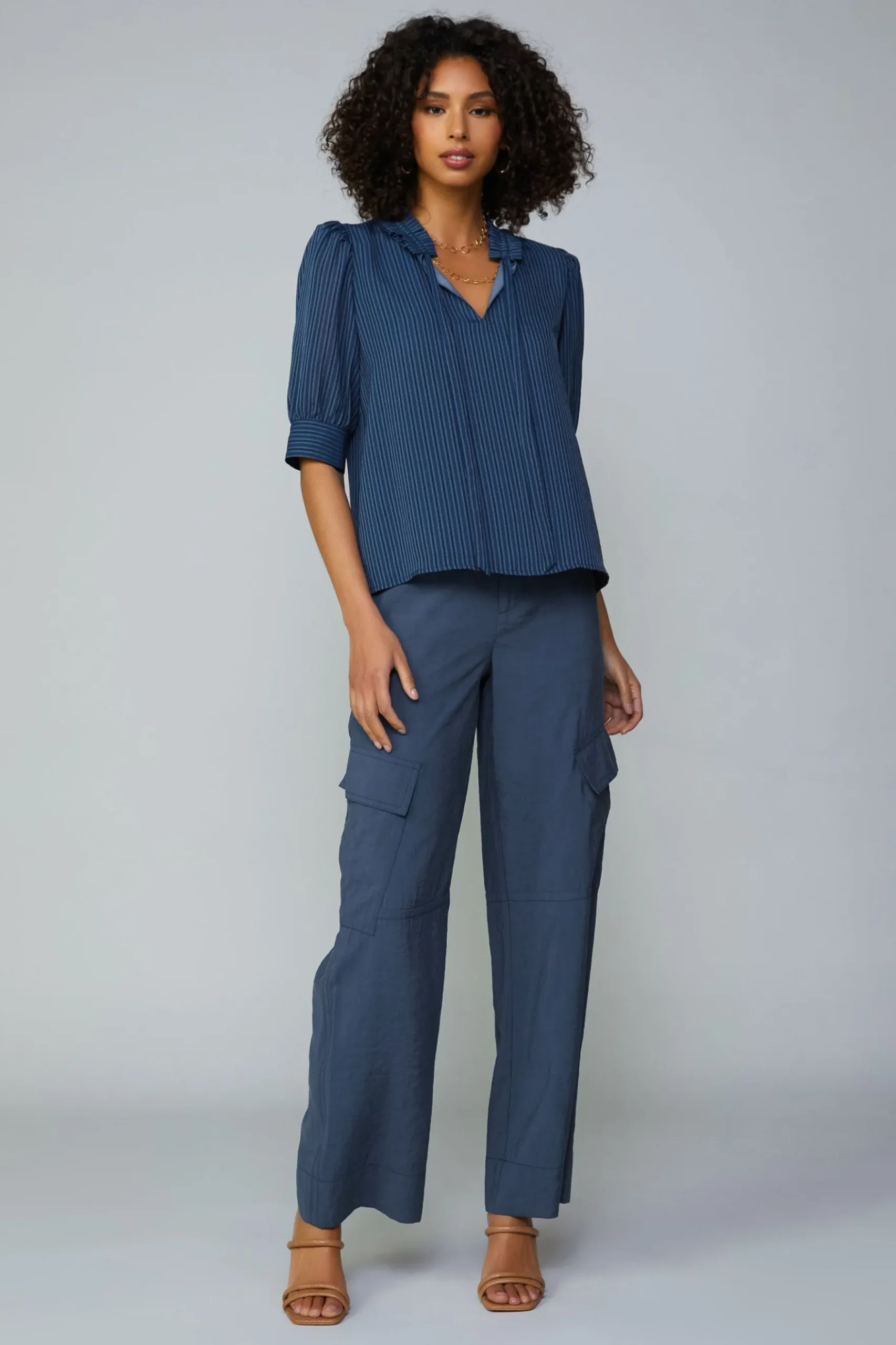 Current Air Striped Structured Sleeve Blouse NAVY Outlet