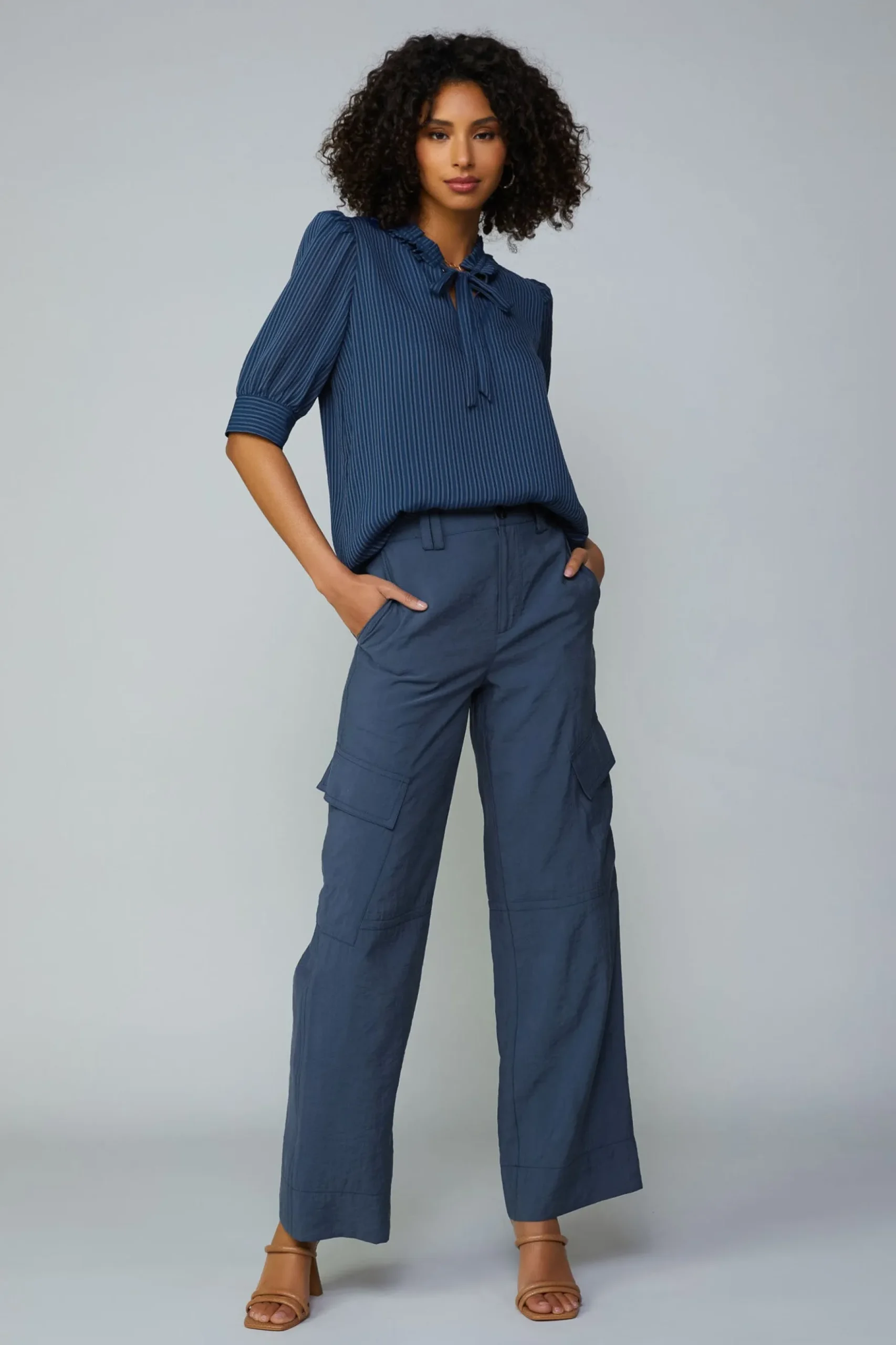 Current Air Striped Structured Sleeve Blouse NAVY Outlet