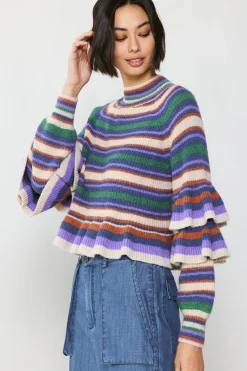 Current Air Striped Tiered Sleeve Sweater PURPLEGREEN New